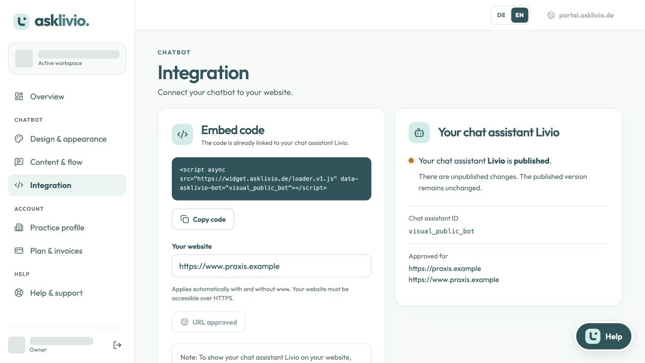 Asklivio portal: Copy the code. Add Livio to your website.